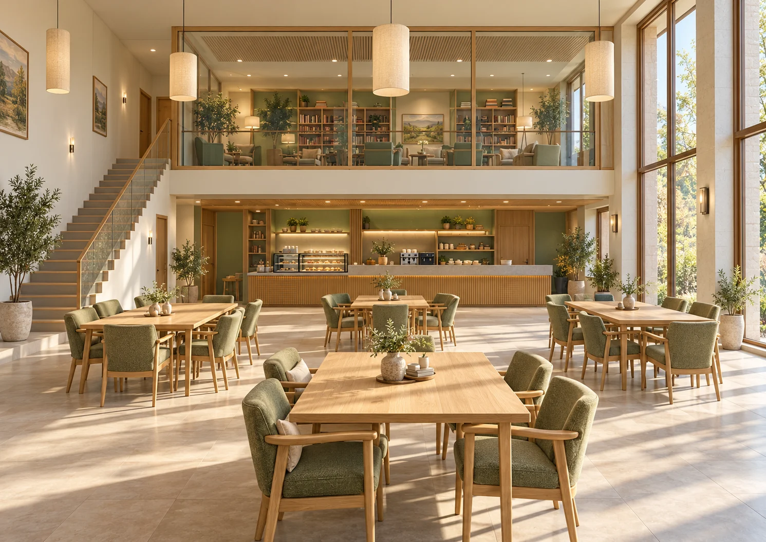 Architectural concept of the café with the quiet lounge above